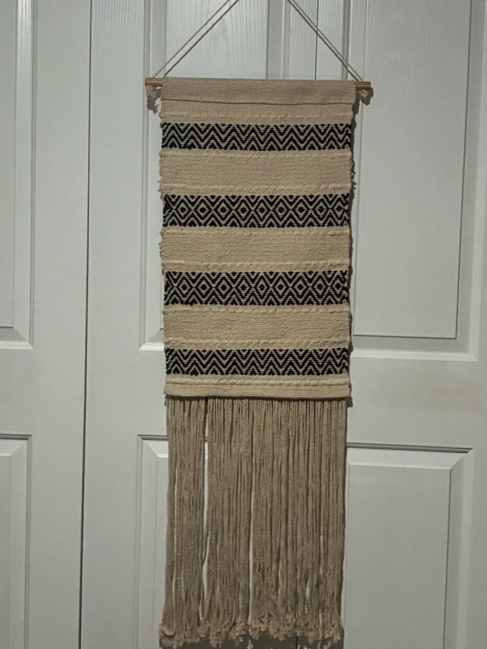 Large Boho Woven Wall Hanging Tapestry w/ Fringe Tassels, Black/Beige Geometric